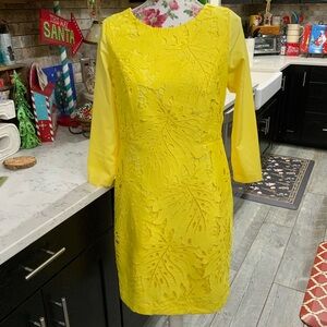Talbots RSVP Yellow Leaf Lace Dress Women's 8 Petite Special Occasion Lined New